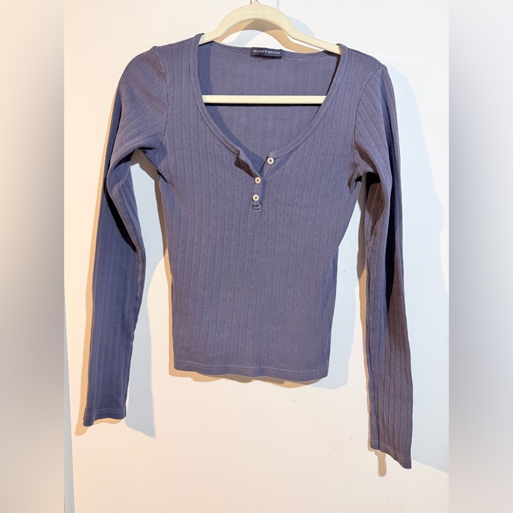 Ribbed Henley Long-Sleeve Top - Dusty Blue